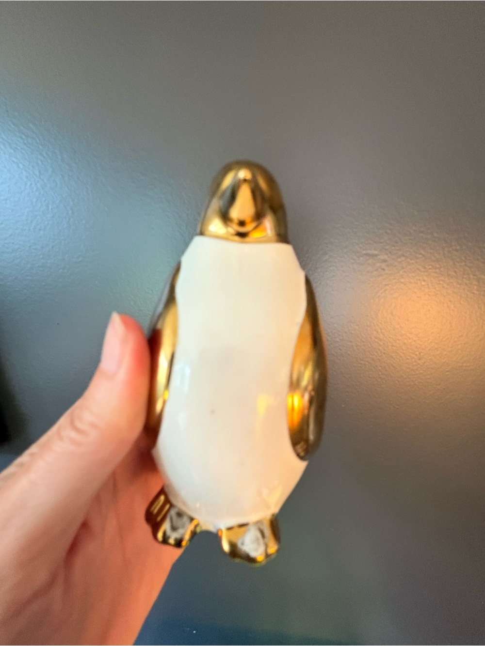 Vintage White Ceramic Penguin Figurine Gold Electroplated Accent MCM